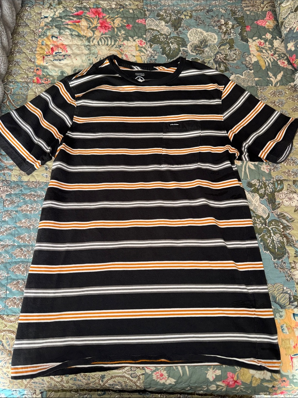 Volcom Men’s Black Striped Casual T-Shirt With Front Pocket